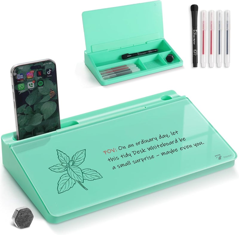 TOWON Small Compact Glass Desktop Whiteboard with Storage – 12 x 7 in Dry Erase Board for Desk, Home Office, School | Includes 5 Markers, Eraser & Holder | Space-Saving Organizer, Aesthetic Mint Green - Image 1
